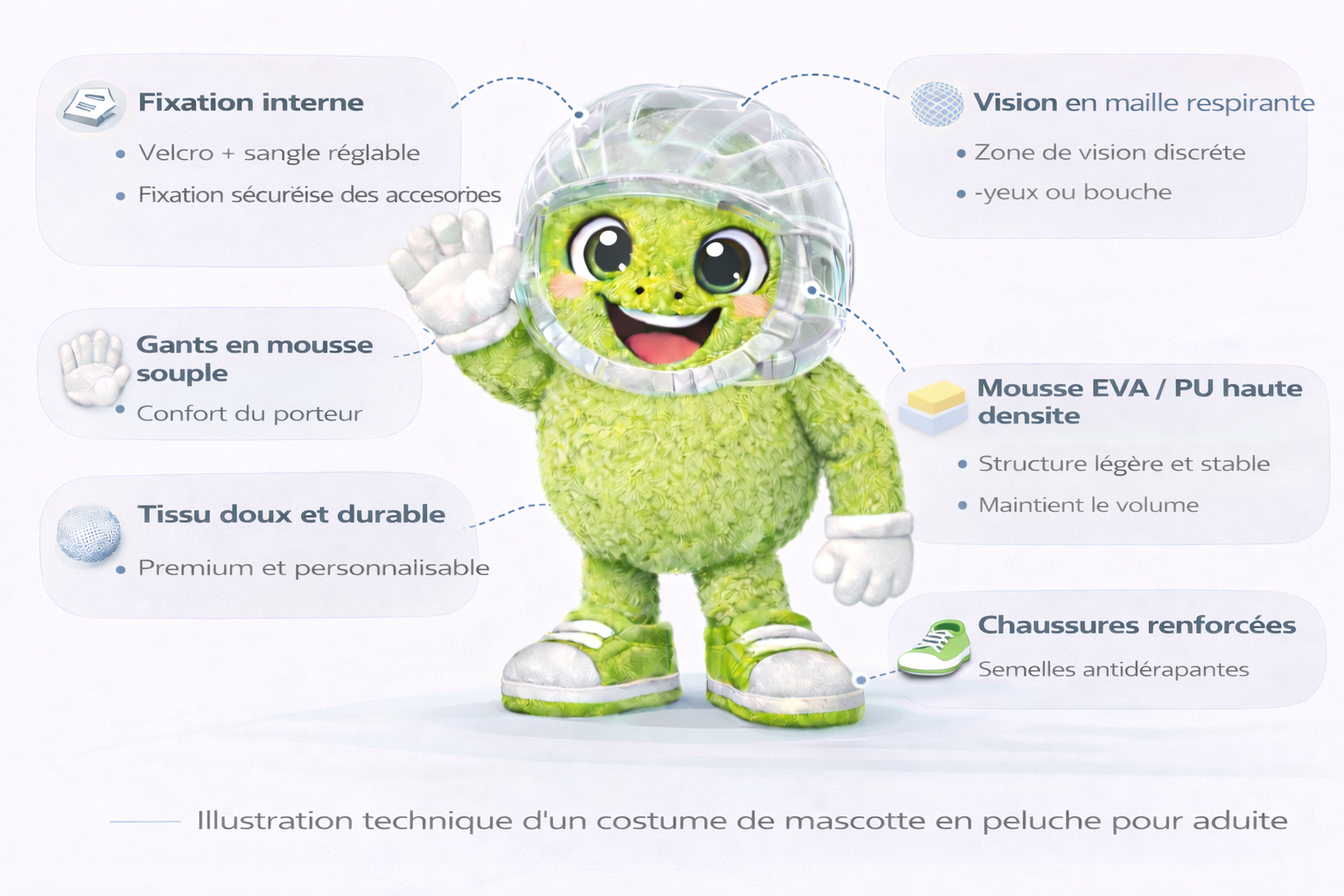 Illustration technique d’un costume mascotte Masticot montrant fixation interne, vision mesh respirante, gants souples, tissu durable et chaussures renforcées