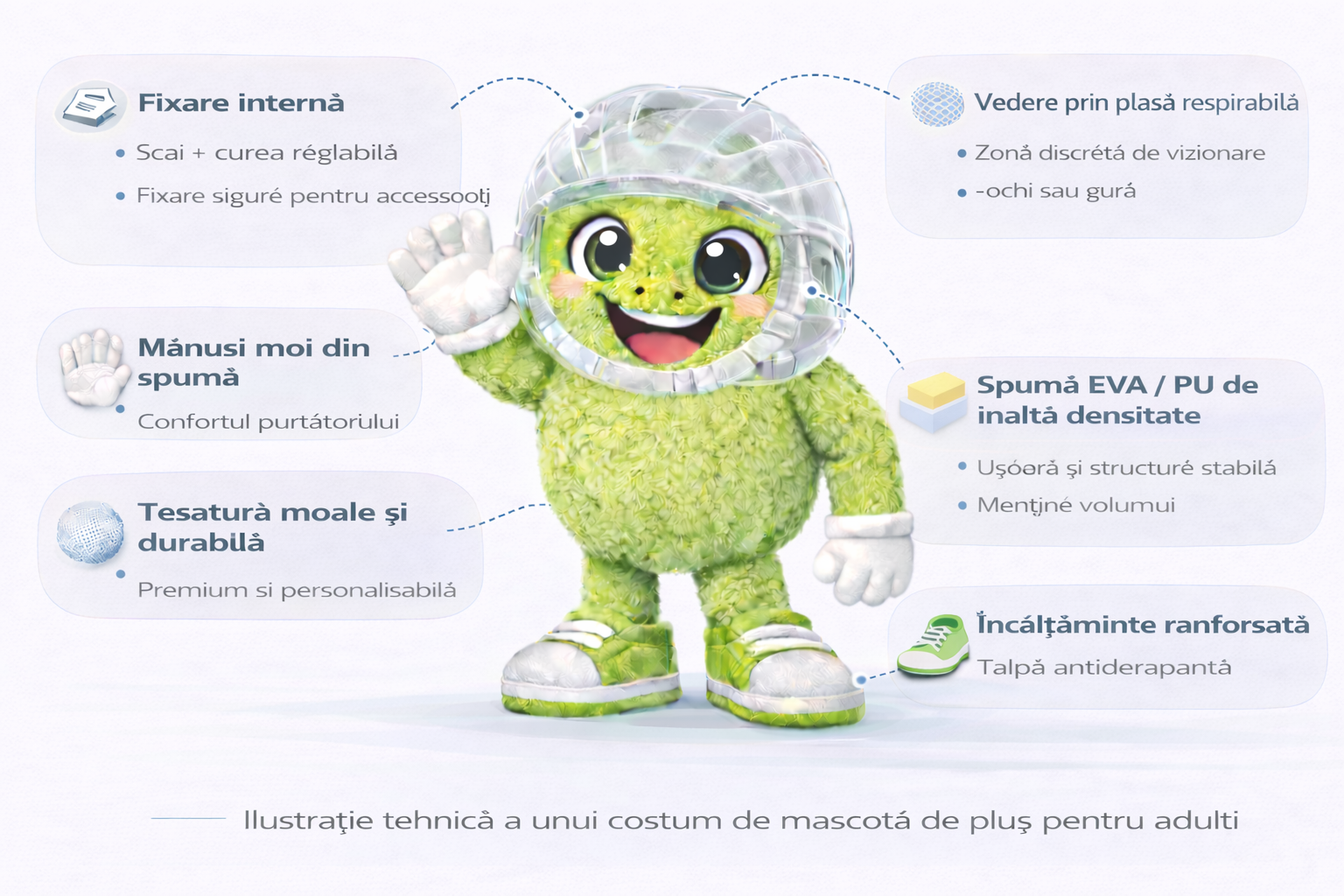 Ilustrație tehnică a unui costum mascotă Masticot care arată fixare internă, vizibilitate mesh respirabilă, mănuși moi, material rezistent și pantofi întăriți